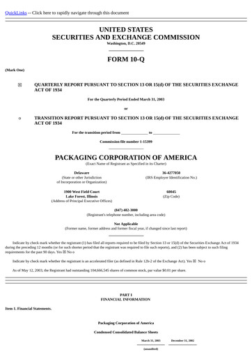 Thumbnail Packaging Corporation of America
 Quarterly Report 2003-q1