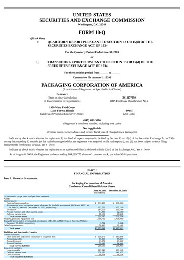 Thumbnail Packaging Corporation of America
 Quarterly Report 2003-q2
