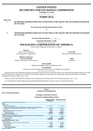 Thumbnail Packaging Corporation of America
 Quarterly Report 2003-q3