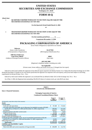 Thumbnail Packaging Corporation of America
 Quarterly Report 2004-q1
