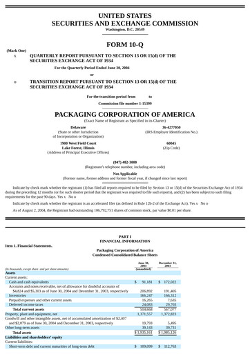 Thumbnail Packaging Corporation of America
 Quarterly Report 2004-q2