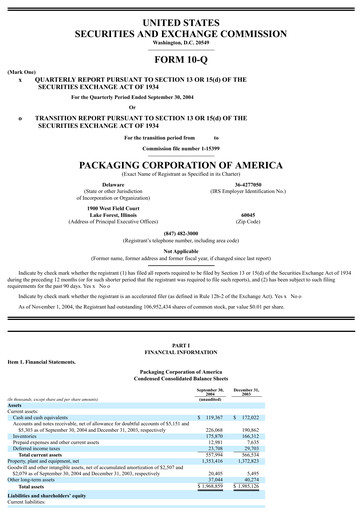 Thumbnail Packaging Corporation of America
 Quarterly Report 2004-q3