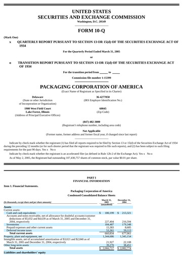 Thumbnail Packaging Corporation of America
 Quarterly Report 2005-q1