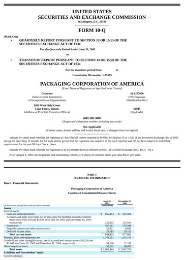 Thumbnail Packaging Corporation of America
 Quarterly Report 2005-q2