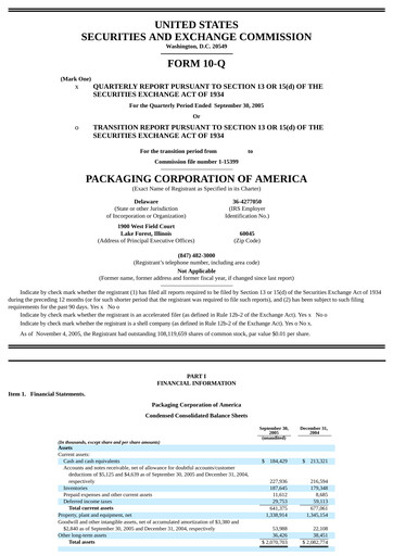 Thumbnail Packaging Corporation of America
 Quarterly Report 2005-q3