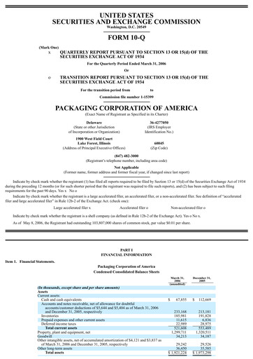 Thumbnail Packaging Corporation of America
 Quarterly Report 2006-q1
