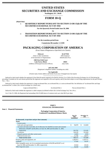 Thumbnail Packaging Corporation of America
 Quarterly Report 2006-q2