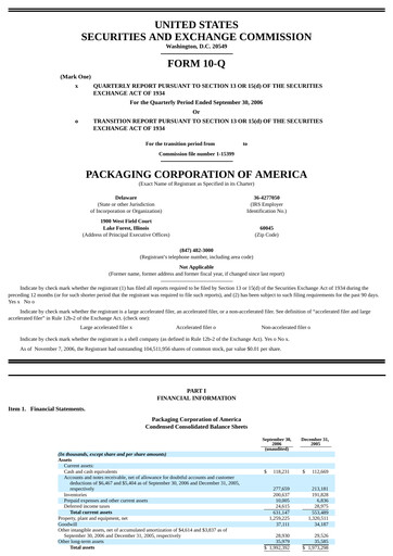 Thumbnail Packaging Corporation of America
 Quarterly Report 2006-q3