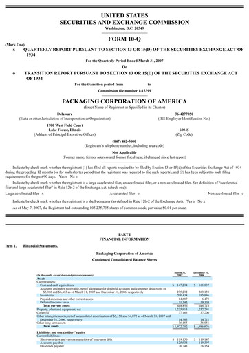 Thumbnail Packaging Corporation of America
 Quarterly Report 2007-q1