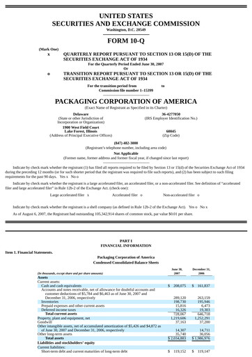 Thumbnail Packaging Corporation of America
 Quarterly Report 2007-q2