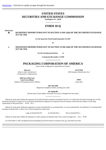 Thumbnail Packaging Corporation of America
 Quarterly Report 2007-q3