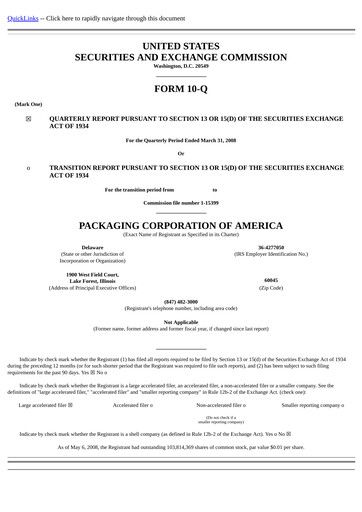 Thumbnail Packaging Corporation of America
 Quarterly Report 2008-q1