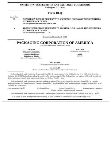 Thumbnail Packaging Corporation of America
 Quarterly Report 2008-q2