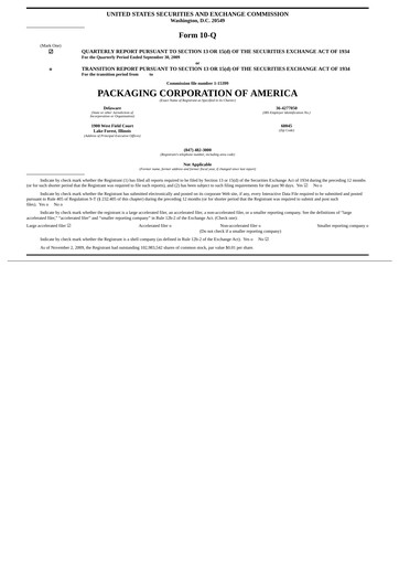 Thumbnail Packaging Corporation of America
 Quarterly Report 2009-q3
