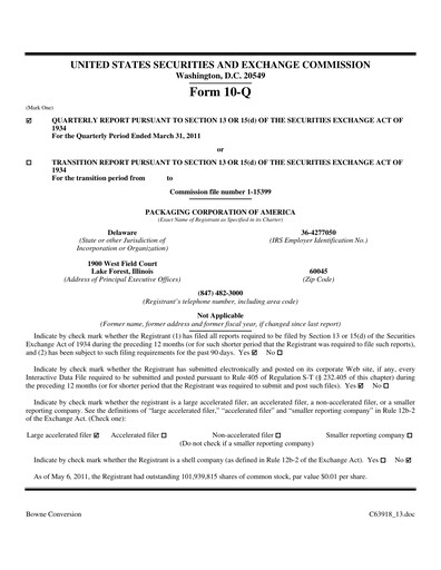 Thumbnail Packaging Corporation of America
 Quarterly Report 2011-q1