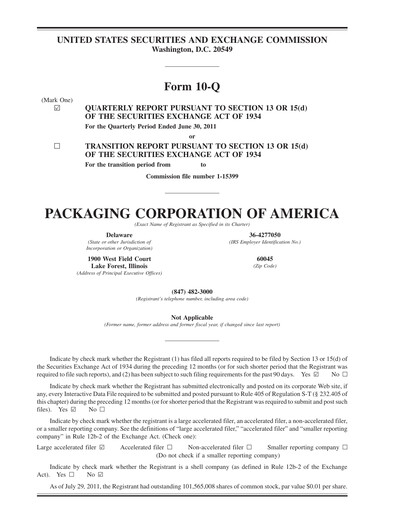 Thumbnail Packaging Corporation of America
 Quarterly Report 2011-q2
