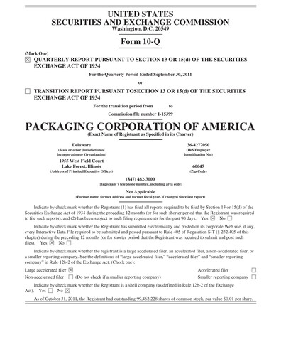 Thumbnail Packaging Corporation of America
 Quarterly Report 2011-q3