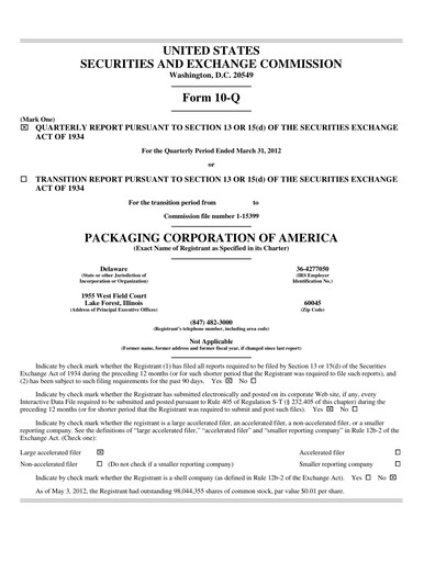 Thumbnail Packaging Corporation of America
 Quarterly Report 2012-q1