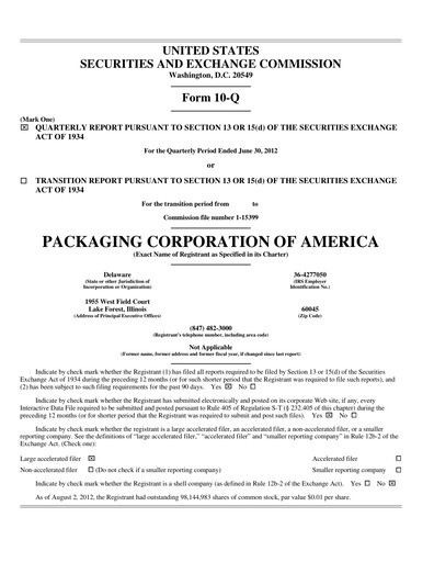 Thumbnail Packaging Corporation of America
 Quarterly Report 2012-q2