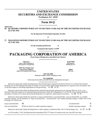Thumbnail Packaging Corporation of America
 Quarterly Report 2012-q3