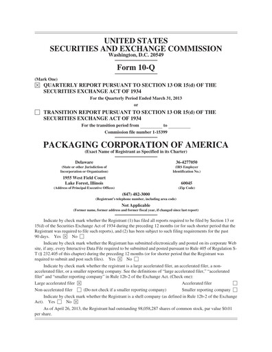 Thumbnail Packaging Corporation of America
 Quarterly Report 2013-q1