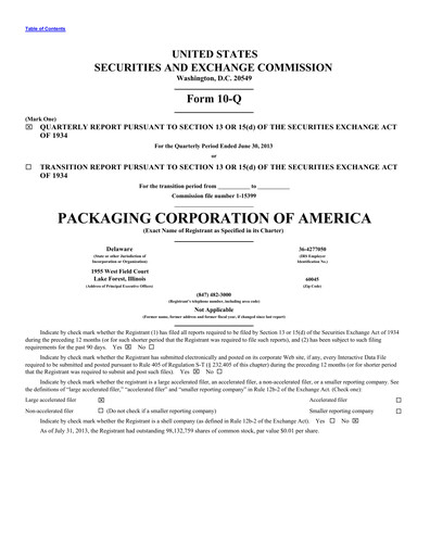 Thumbnail Packaging Corporation of America
 Quarterly Report 2013-q2