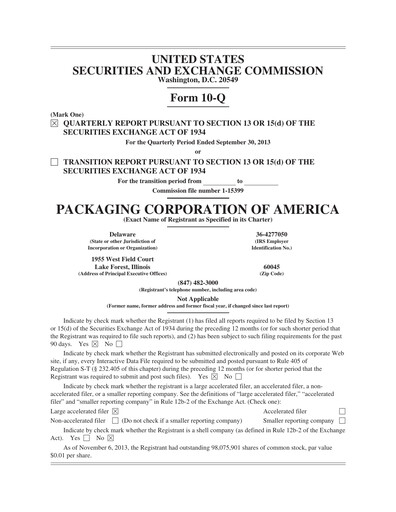 Thumbnail Packaging Corporation of America
 Quarterly Report 2013-q3