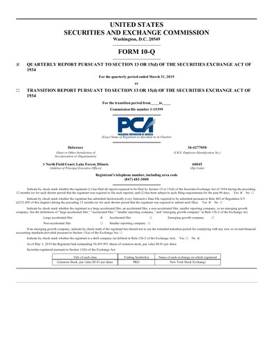 Thumbnail Packaging Corporation of America
 Quarterly Report 2019-q1