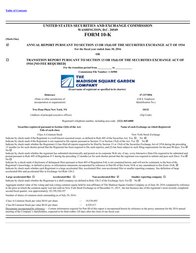 Thumbnail Madison Square Garden Sports Annual Report 2016