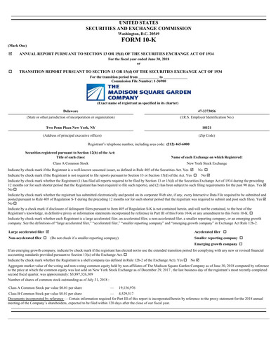 Thumbnail Madison Square Garden Sports Annual Report 2018