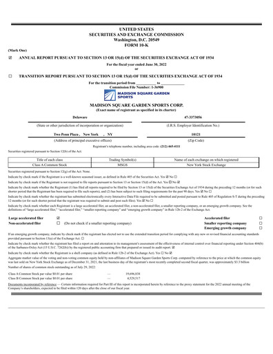 Thumbnail Madison Square Garden Sports Annual Report 2022