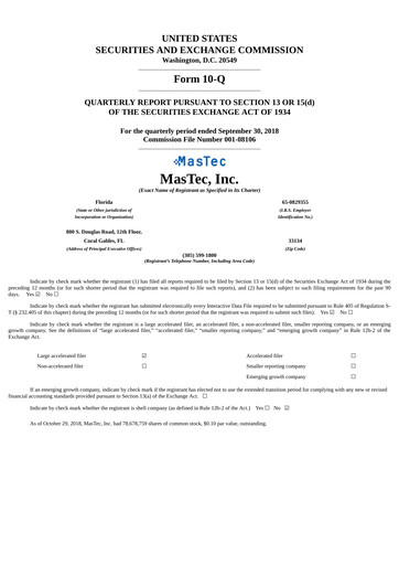 Thumbnail MasTec Quarterly Report 2018-q3
