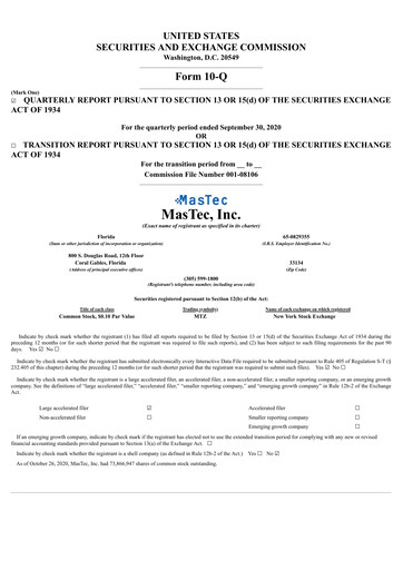 Thumbnail MasTec Quarterly Report 2020-q3