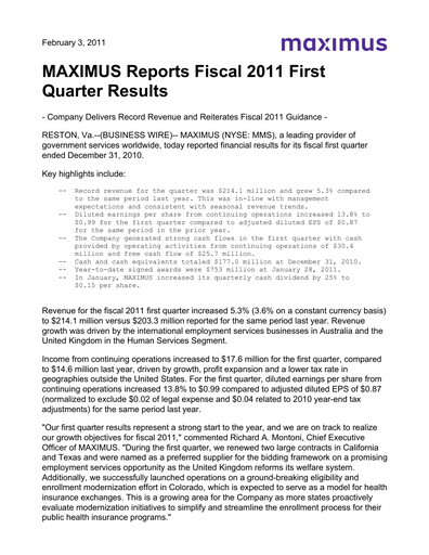 Thumbnail Maximus Quarterly Report 2011-q1