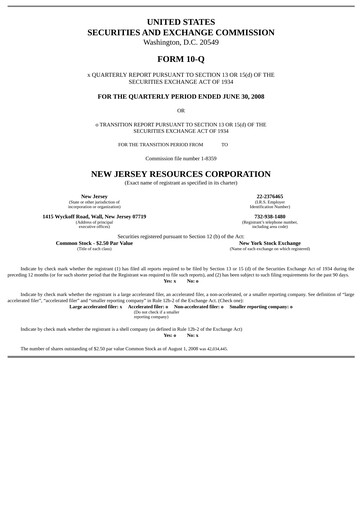 Thumbnail New Jersey Resources Quarterly Report 2008-q3