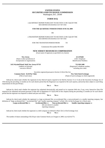 Thumbnail New Jersey Resources Quarterly Report 2009-q3