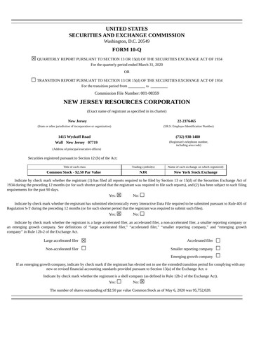Thumbnail New Jersey Resources Quarterly Report 2020-q2