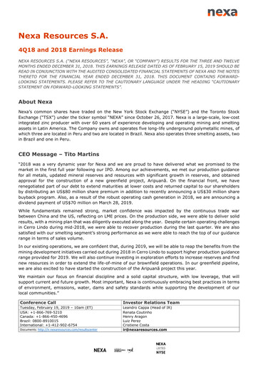 Thumbnail Nexa Resources Quarterly Report 2018-q4