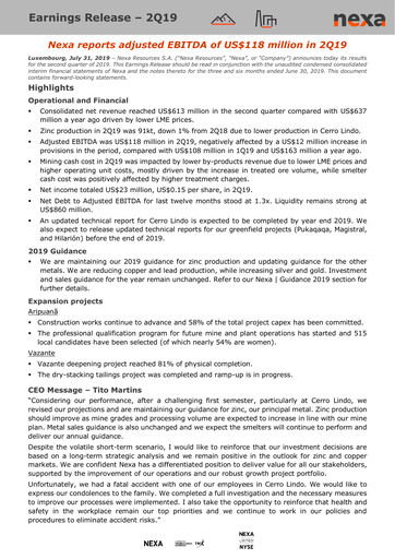 Thumbnail Nexa Resources Quarterly Report 2019-q2