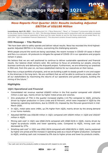 Thumbnail Nexa Resources Quarterly Report 2021-q1