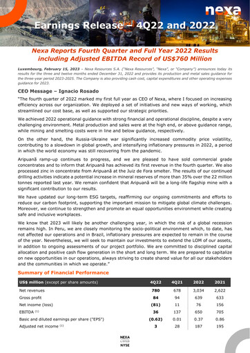 Thumbnail Nexa Resources Quarterly Report 2022-q4
