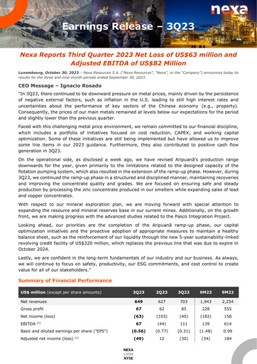 Thumbnail Nexa Resources Quarterly Report 2023-q3