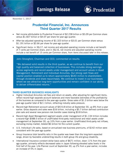 Thumbnail Prudential Financial Quarterly Report 2017-q3
