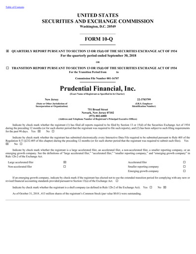 Thumbnail Prudential Financial Quarterly Report 2018-q3