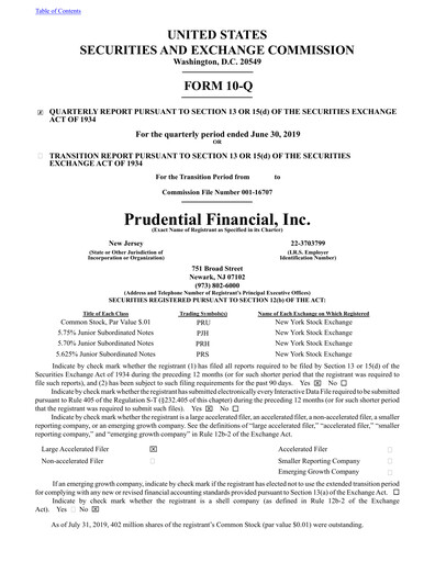 Thumbnail Prudential Financial Quarterly Report 2019-q2