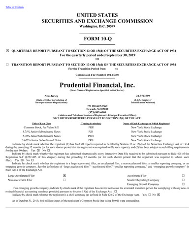 Thumbnail Prudential Financial Quarterly Report 2019-q3