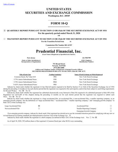 Thumbnail Prudential Financial Quarterly Report 2020-q1