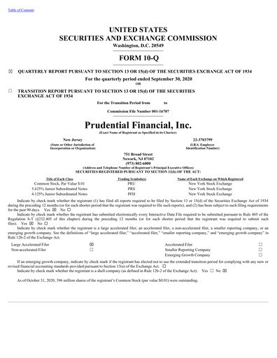 Thumbnail Prudential Financial Quarterly Report 2020-q3