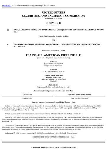 Thumbnail Plains All American Pipeline Annual Report 2003