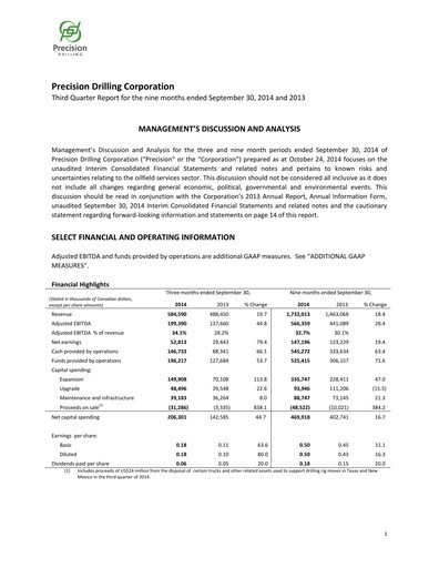 Thumbnail Precision Drilling Corporation Quarterly Report 2014-q3